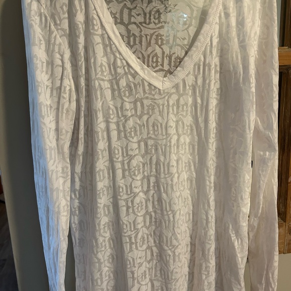 Harley-Davidson Tops - Harley-Davidson White Patterned V-Neck Blouse